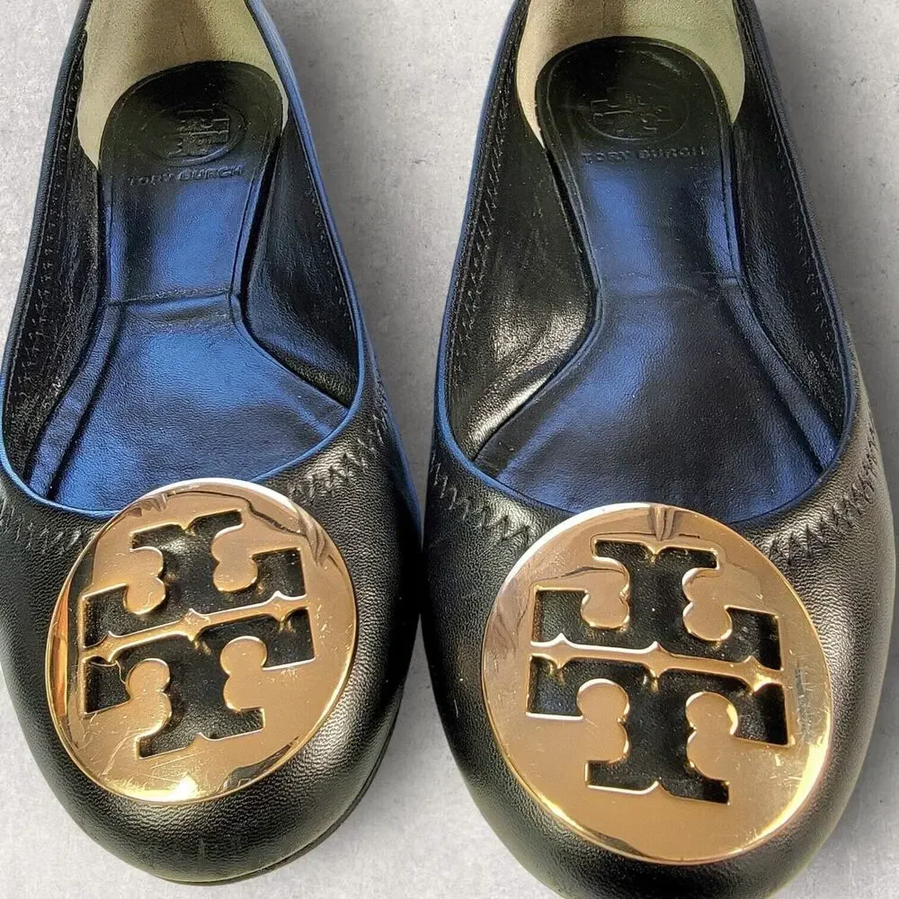 Tory Burch Womens Black Leather Ballet Flats Shoes 5.5 Slip On Gold Logo Travel